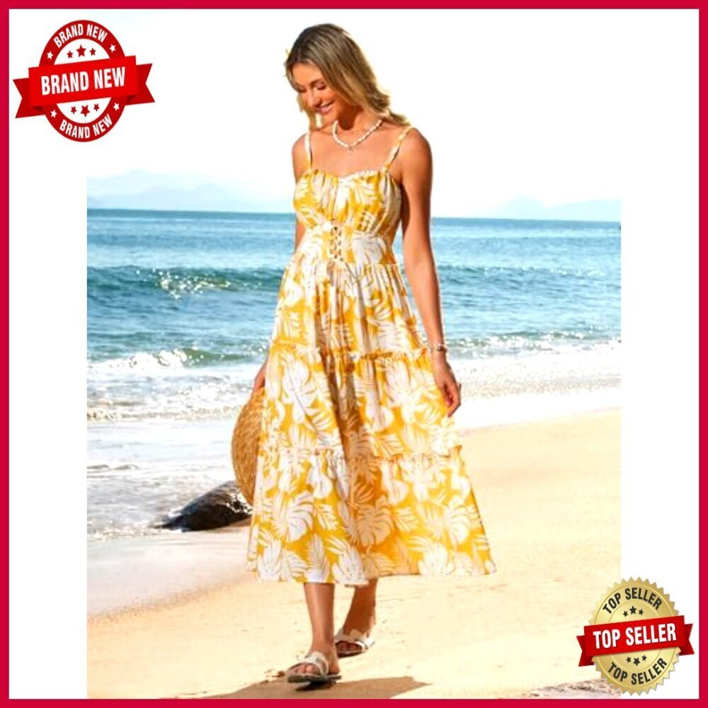 Boho Floral Maxi Dress Smocked Back Adjustable Straps Tiered Pockets Summer - Picture 3 of 7